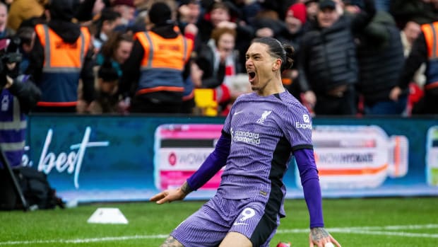 Darwin Nunez pictured celebrating after scoring a 99th-minute winning goal for Liverpool in a 1-0 victory at Nottingham Forest in March 2024